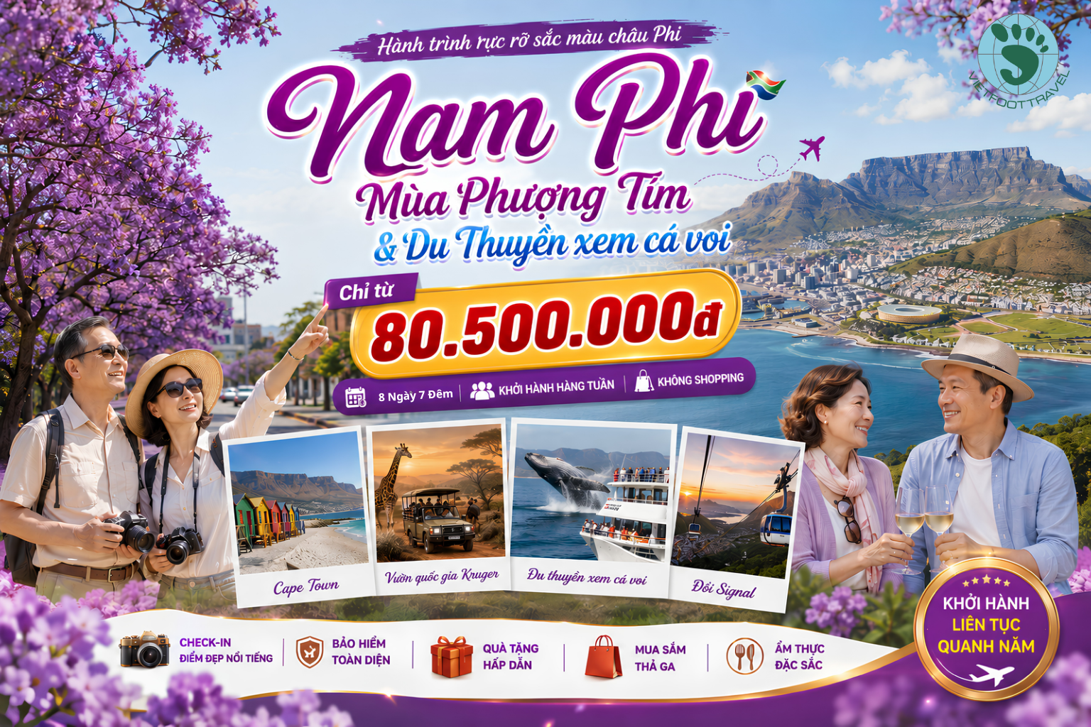 Tour Nam Phi: Mùa Phượng Tím & Du Thuyền xem cá voi 8N7D