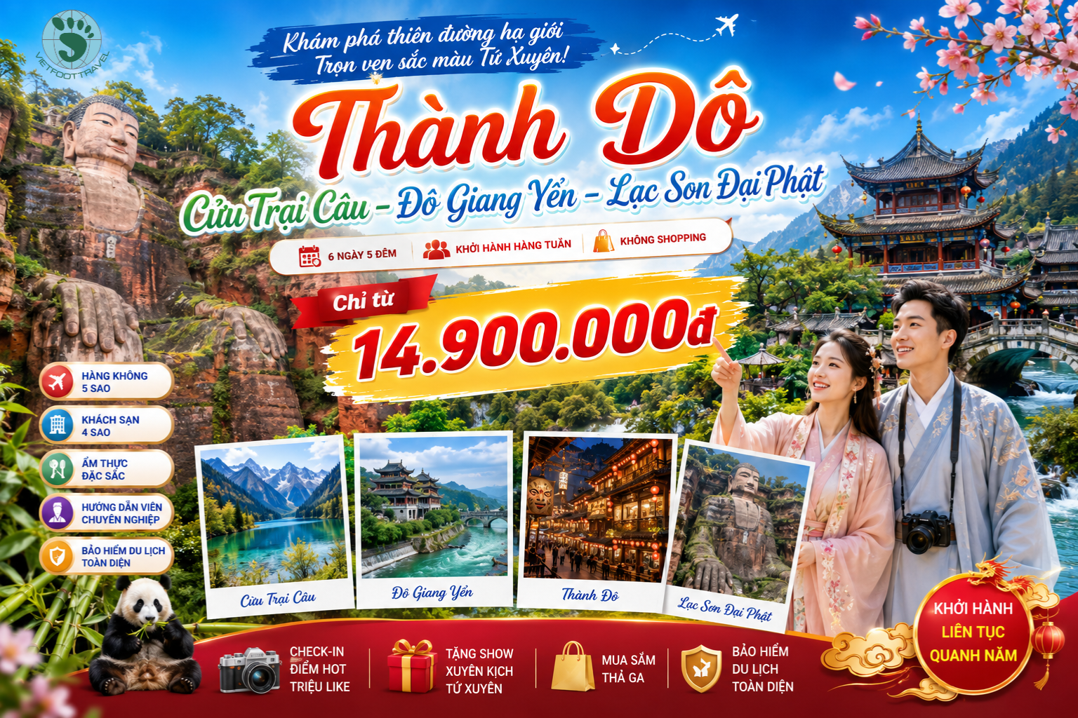 Tour Trung Quốc: Thành Đô – Cửu Trại Câu – Đô Giang Yển – Lạc Sơn Đại Phật 6N5D