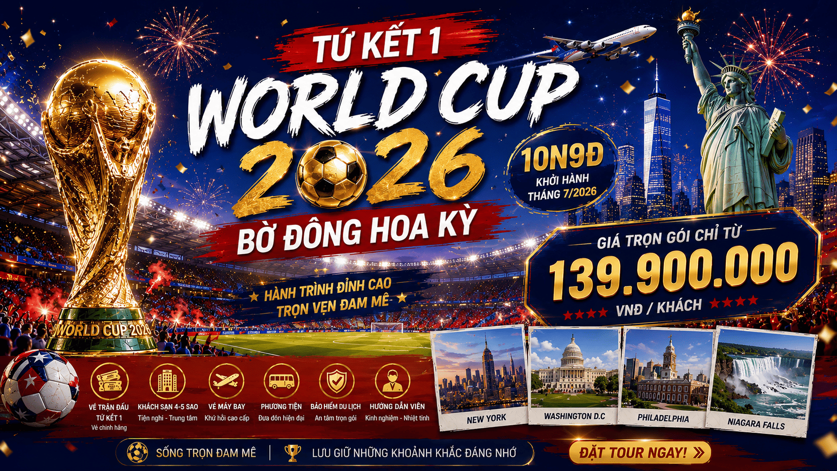 Tứ Kết 1 - World Cup 2026 - Bờ Đông Hoa Kỳ 10N9D